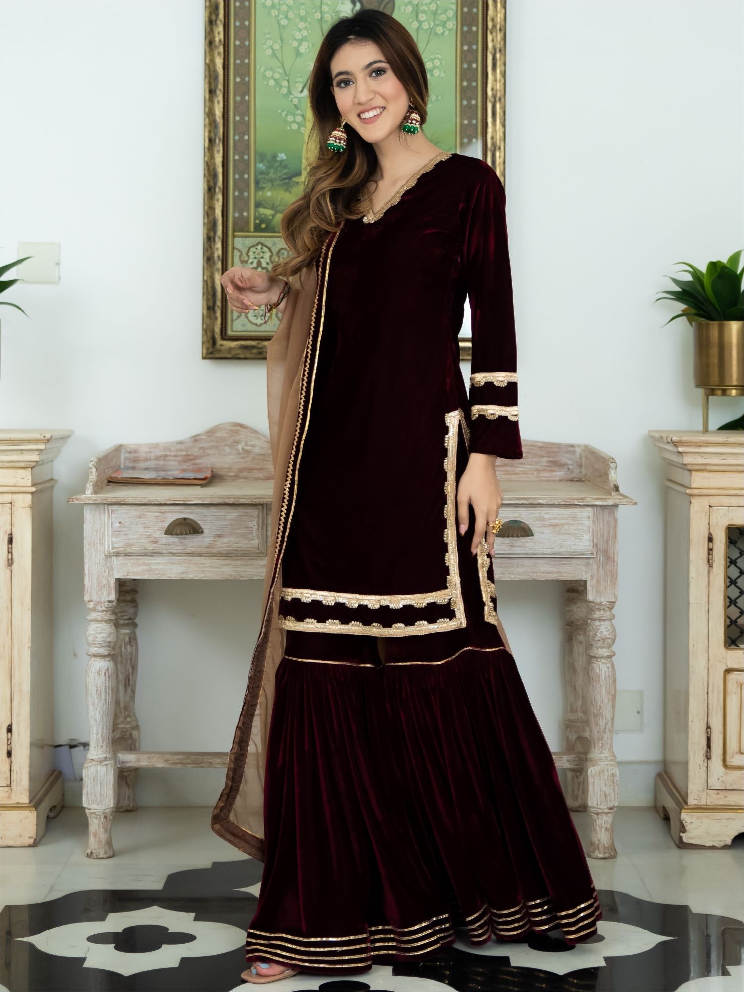 Wine Velvet Kurta and Sharara Set