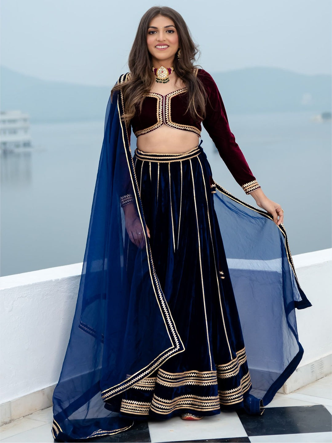 Wine and Blue Velvet Lehenga Set