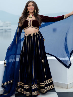 Wine and Blue Velvet Lehenga Set