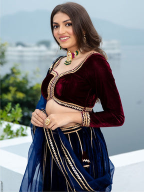 Wine and Blue Velvet Lehenga Set