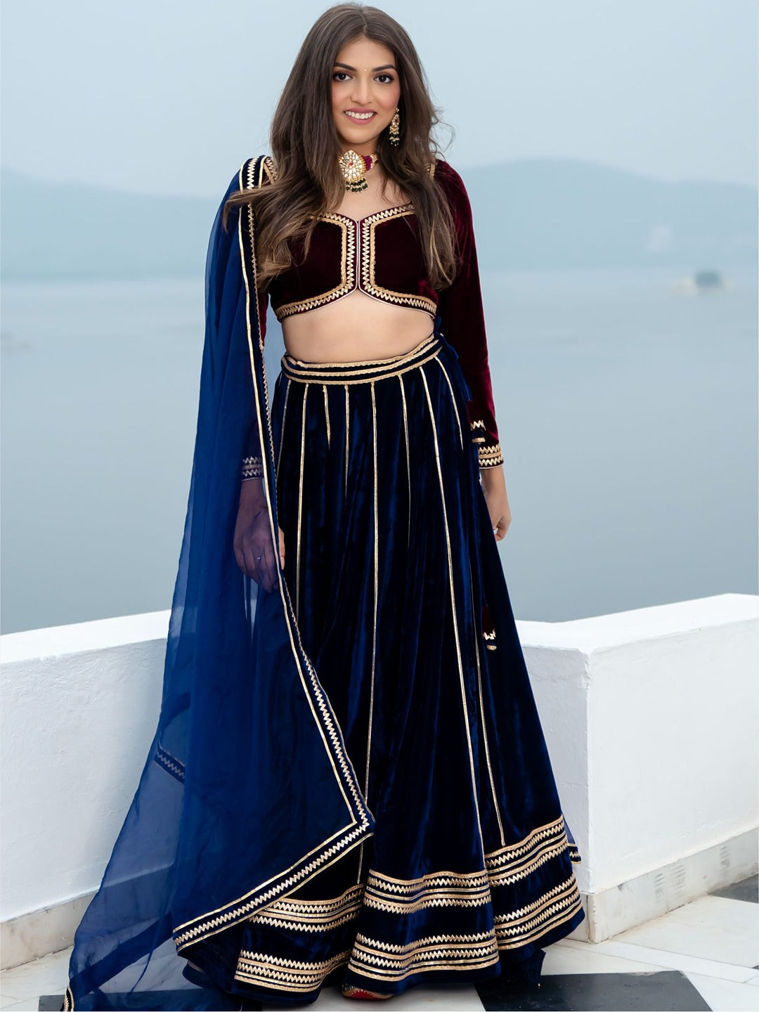 Wine and Blue Velvet Lehenga Set