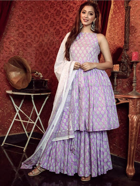 Purple Block Print Kurta Sharara Set