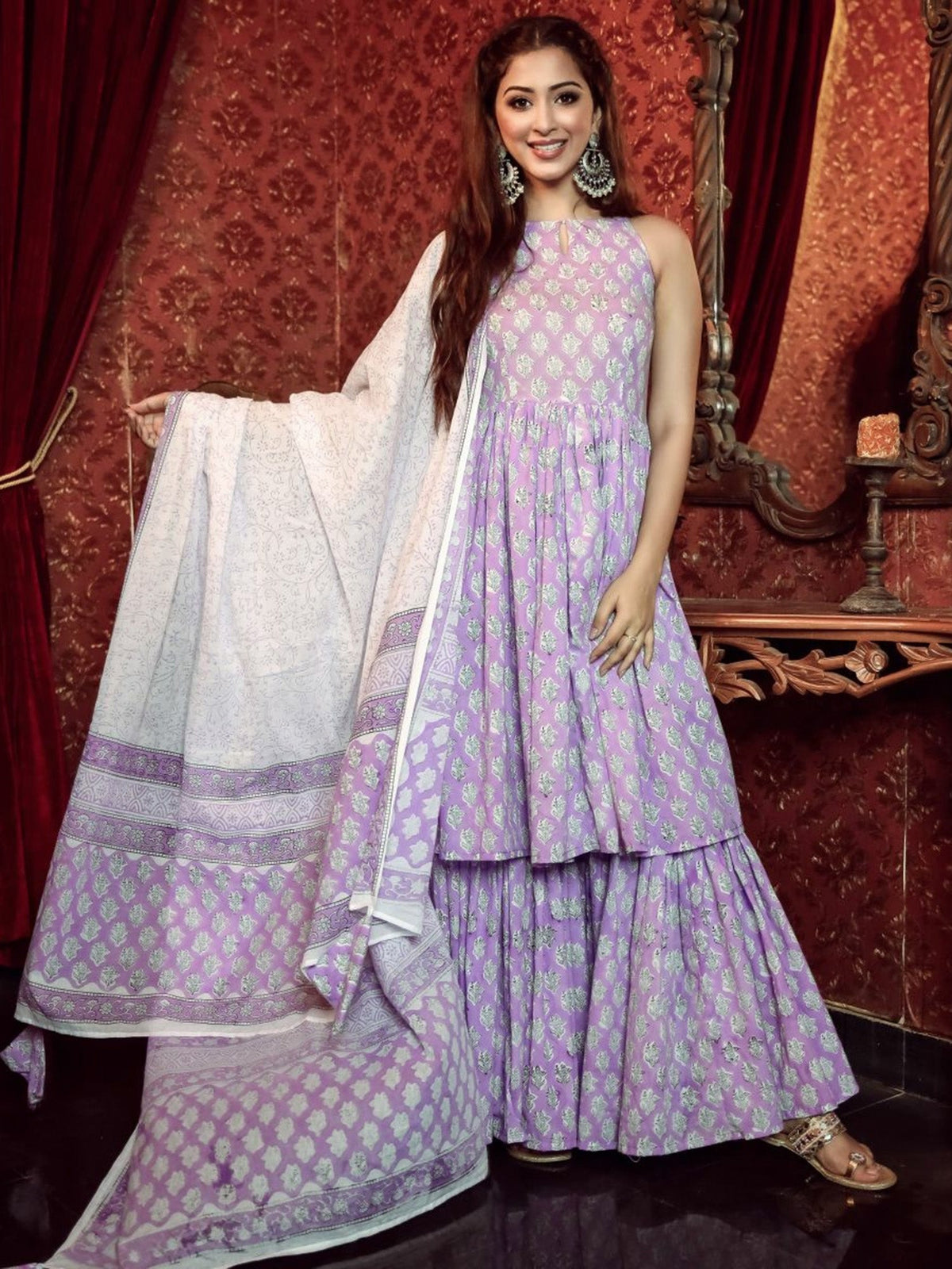 Purple Block Print Kurta Sharara Set