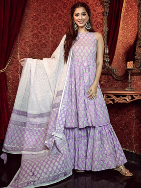 Purple Block Print Kurta Sharara Set