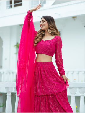 Pink Lurex Tiered Lehenga Set