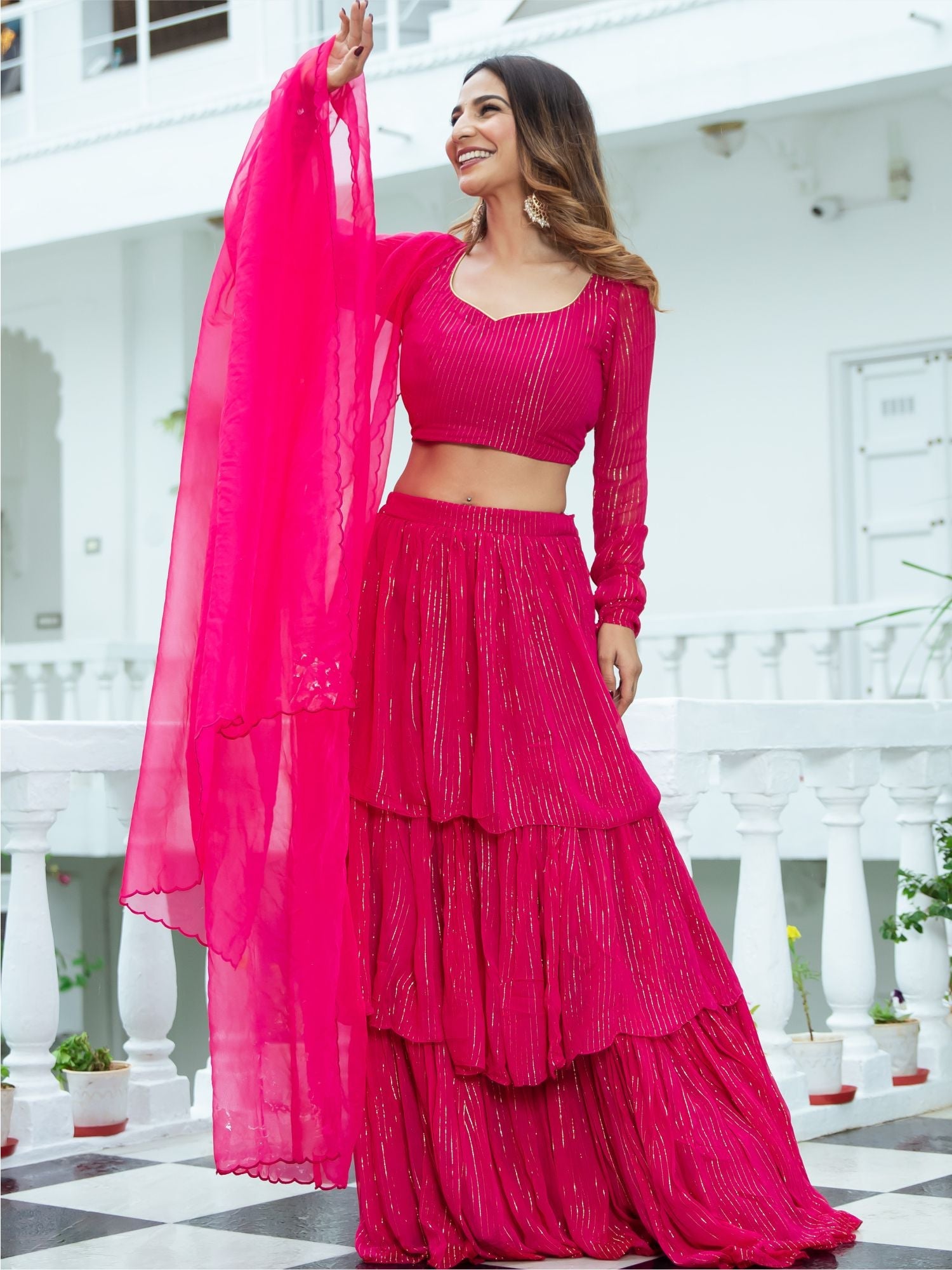 Pink Lurex Tiered Lehenga Set