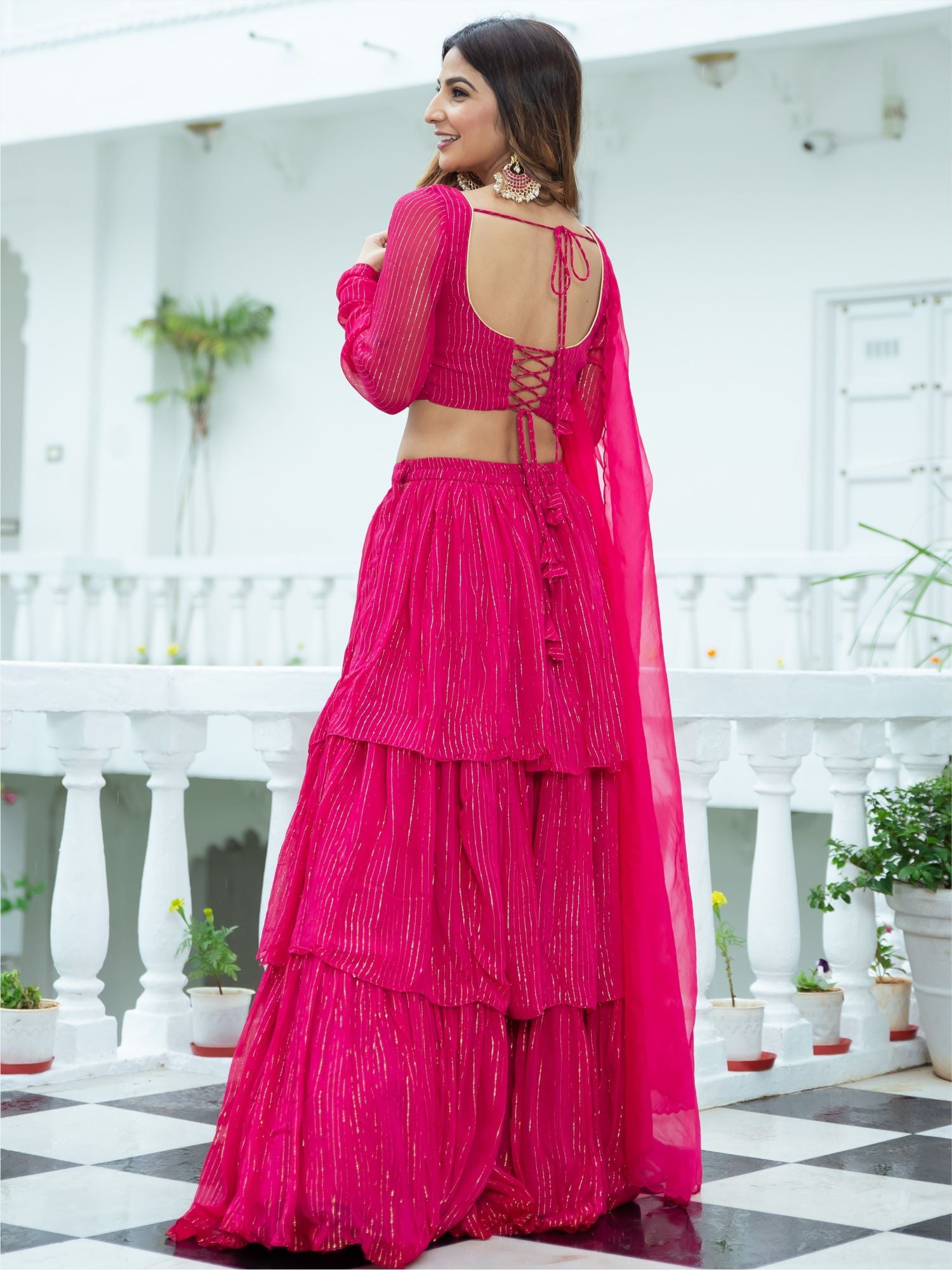 Pink Lurex Tiered Lehenga Set