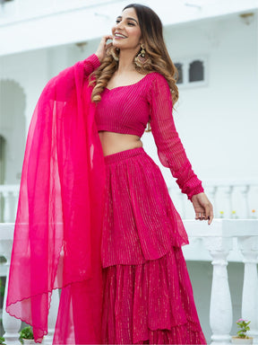 Pink Lurex Tiered Lehenga Set