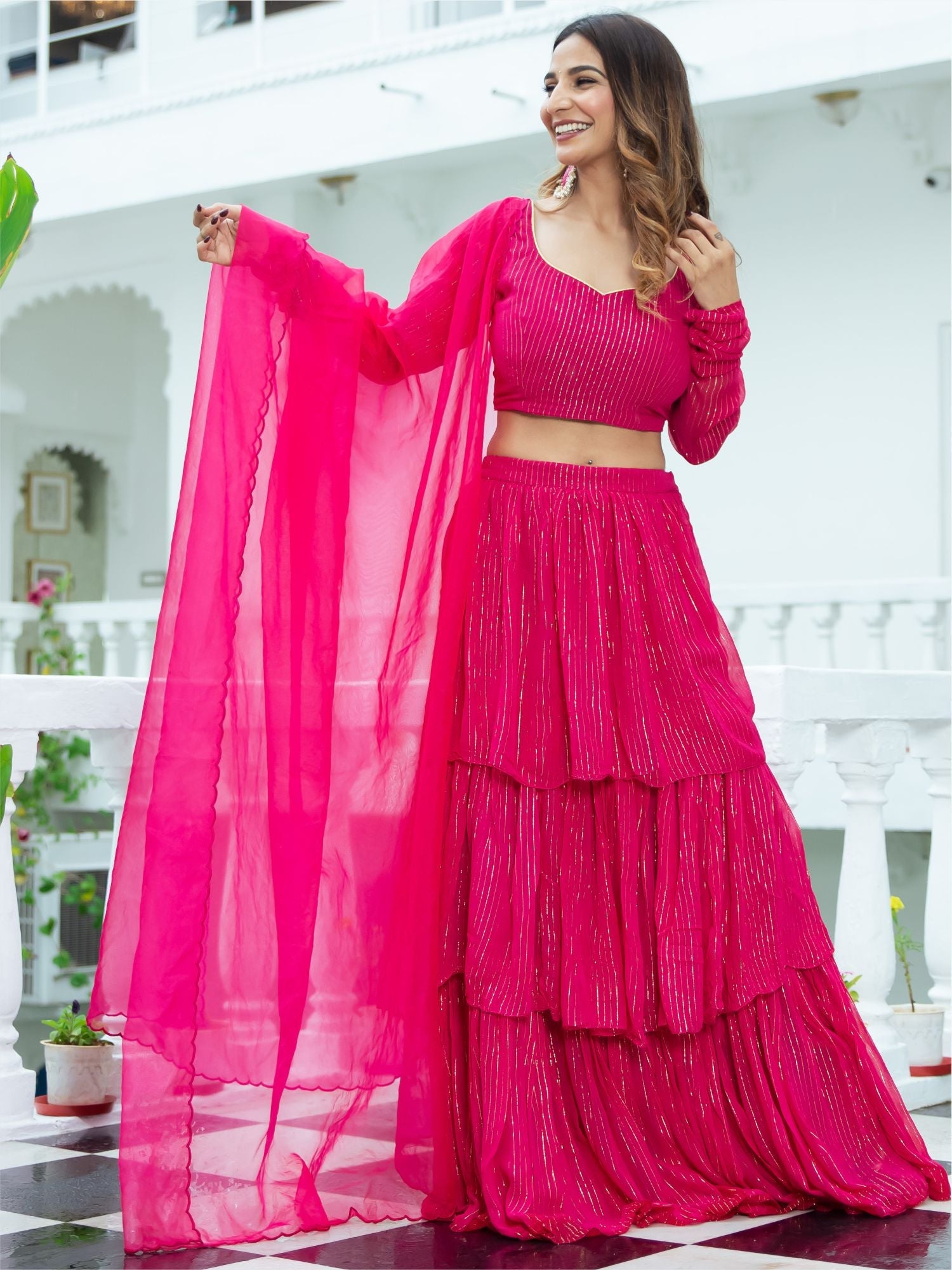 Pink Lurex Tiered Lehenga Set