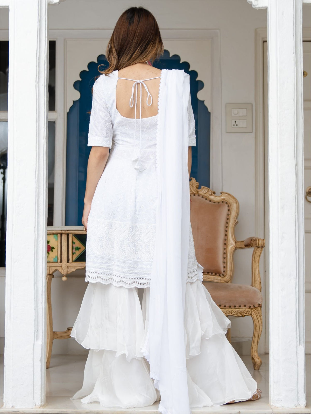 White Cotton Embroidered Short Kurta and Tiered sharara