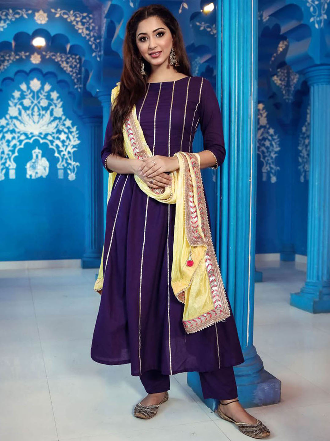 Purple Anarkali Pant Two Peice Set .