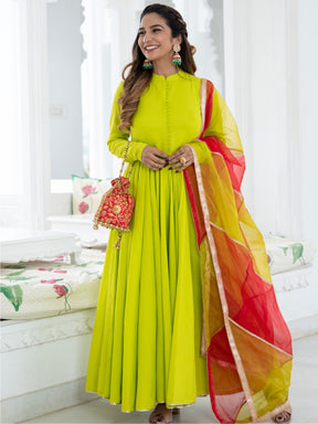 Neon Green Cotton Flared Anarkali and Pant Set