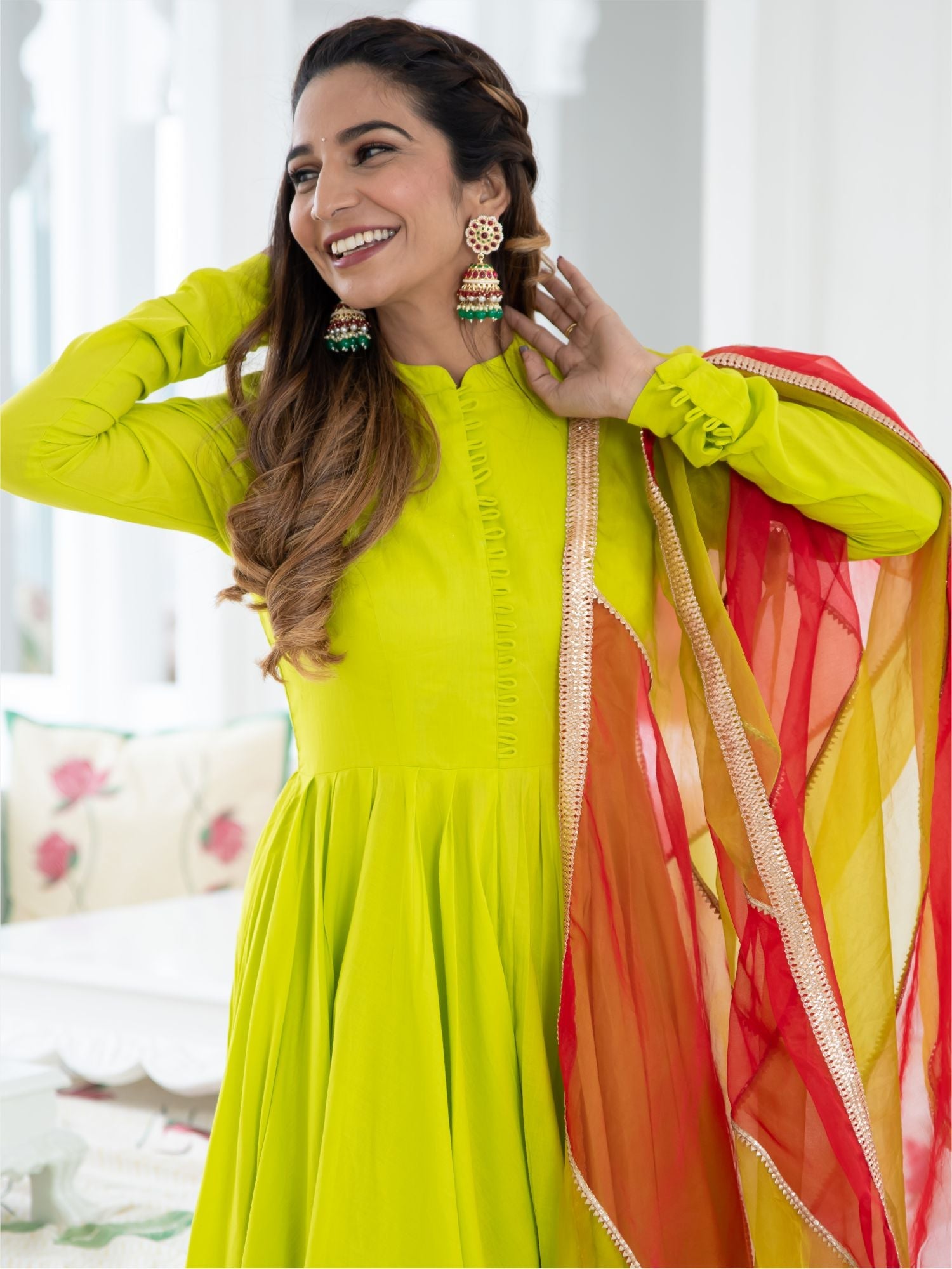 Neon Green Cotton Flared Anarkali and Pant Set