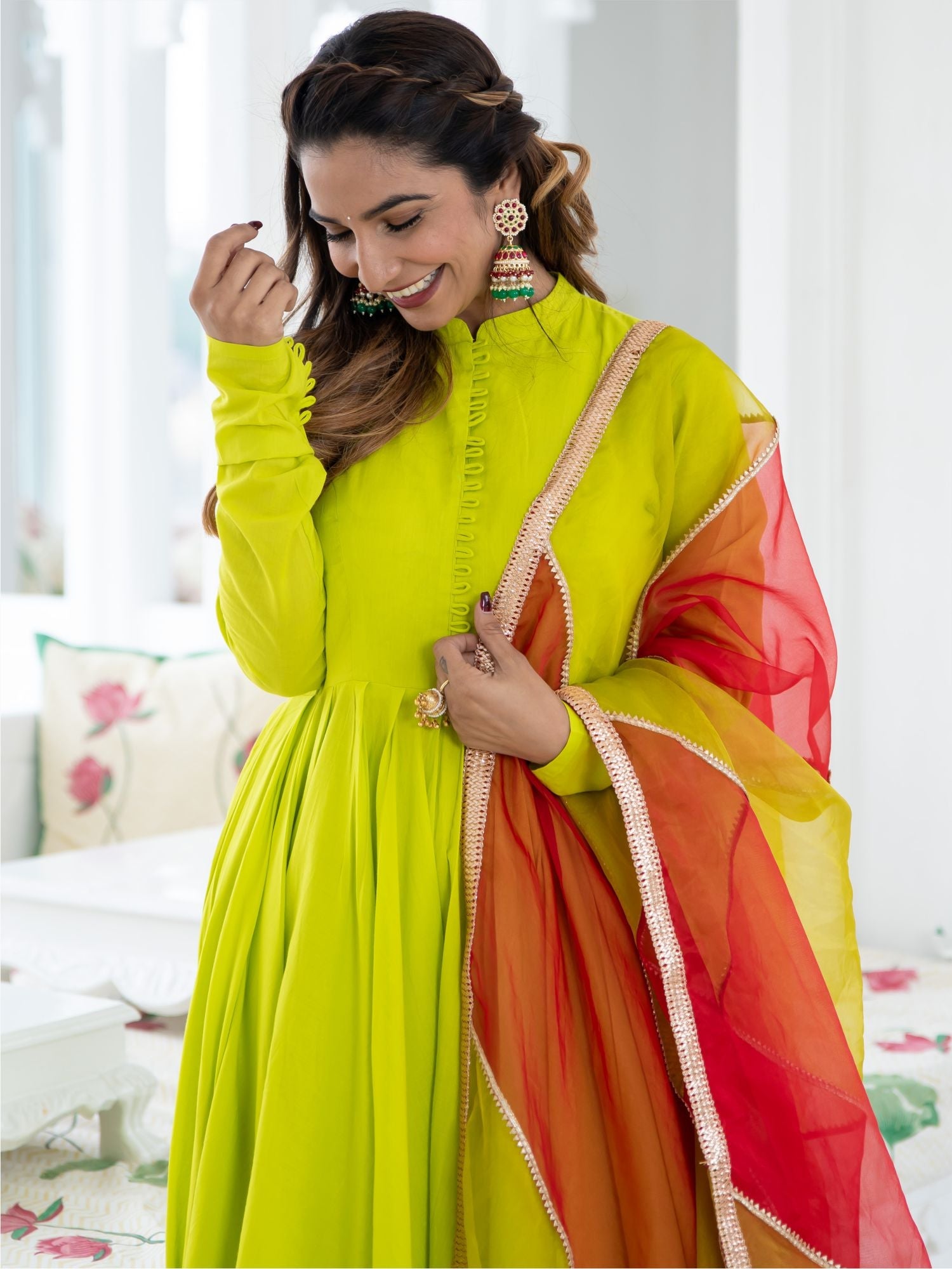 Neon Green Cotton Flared Anarkali and Pant Set