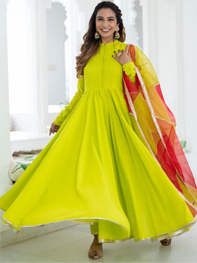 Neon Green Cotton Flared Anarkali and Pant Set