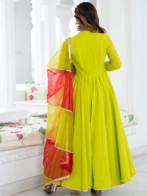 Neon Green Cotton Flared Anarkali and Pant Set