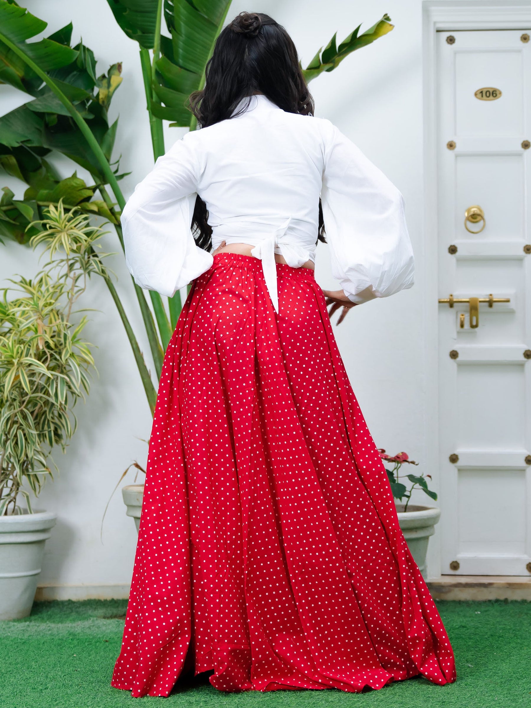 White Crop Top and Polka Dots Skirt Set