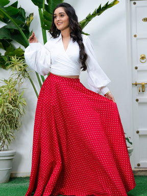 White Crop Top and Polka Dots Skirt Set