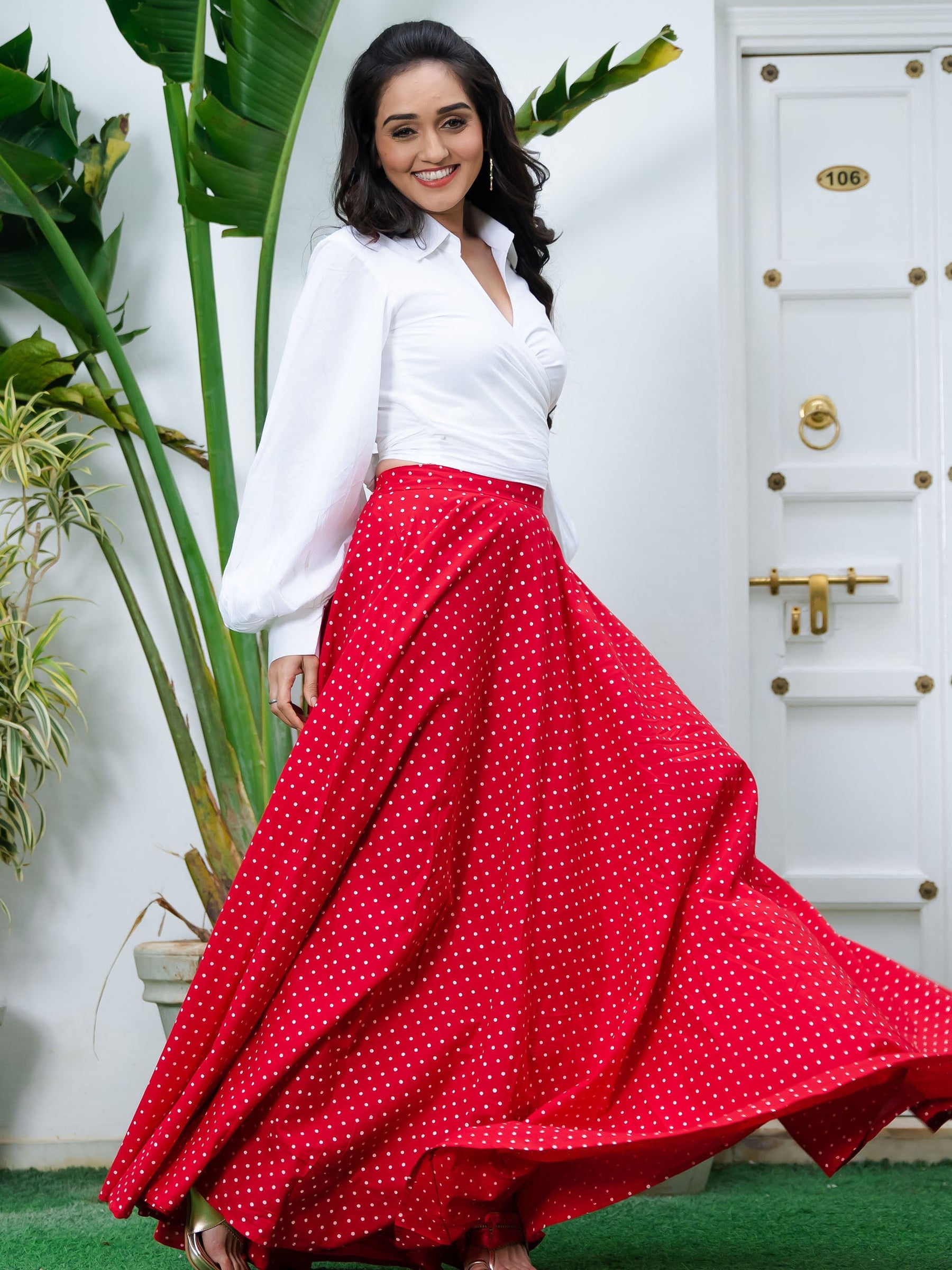 White Crop Top and Polka Dots Skirt Set