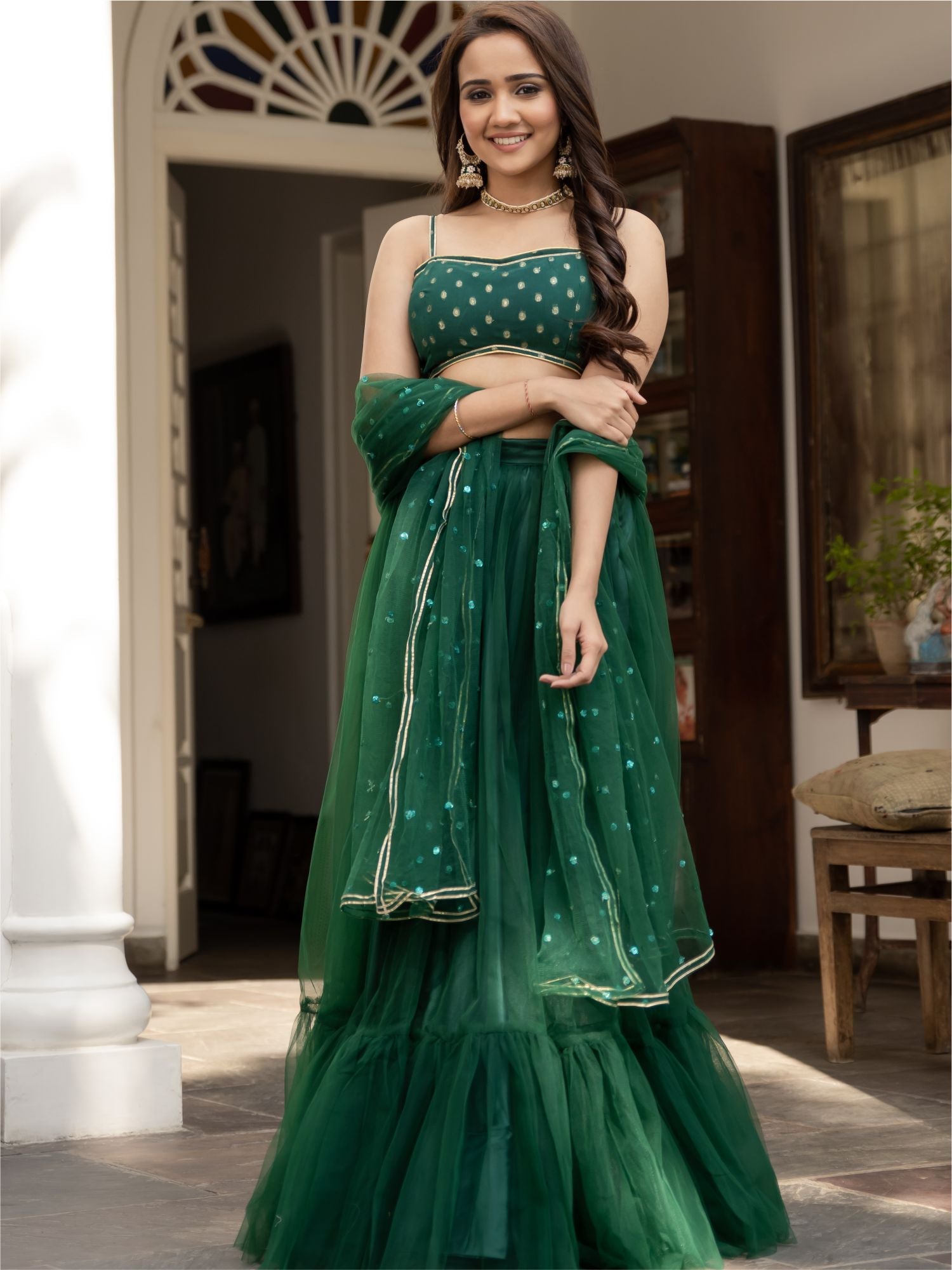 Green Net Lehenga Set