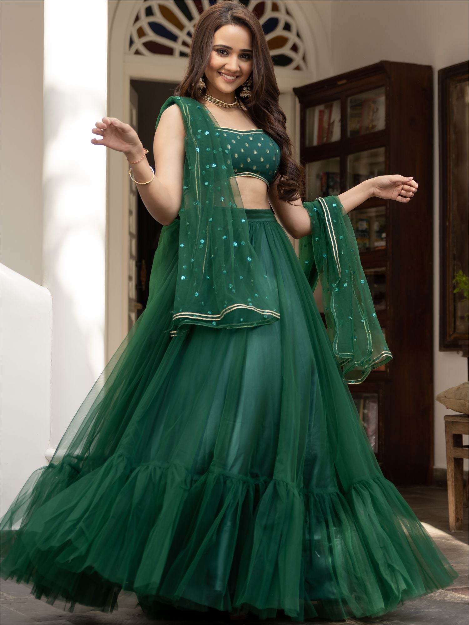 Green Net Lehenga Set