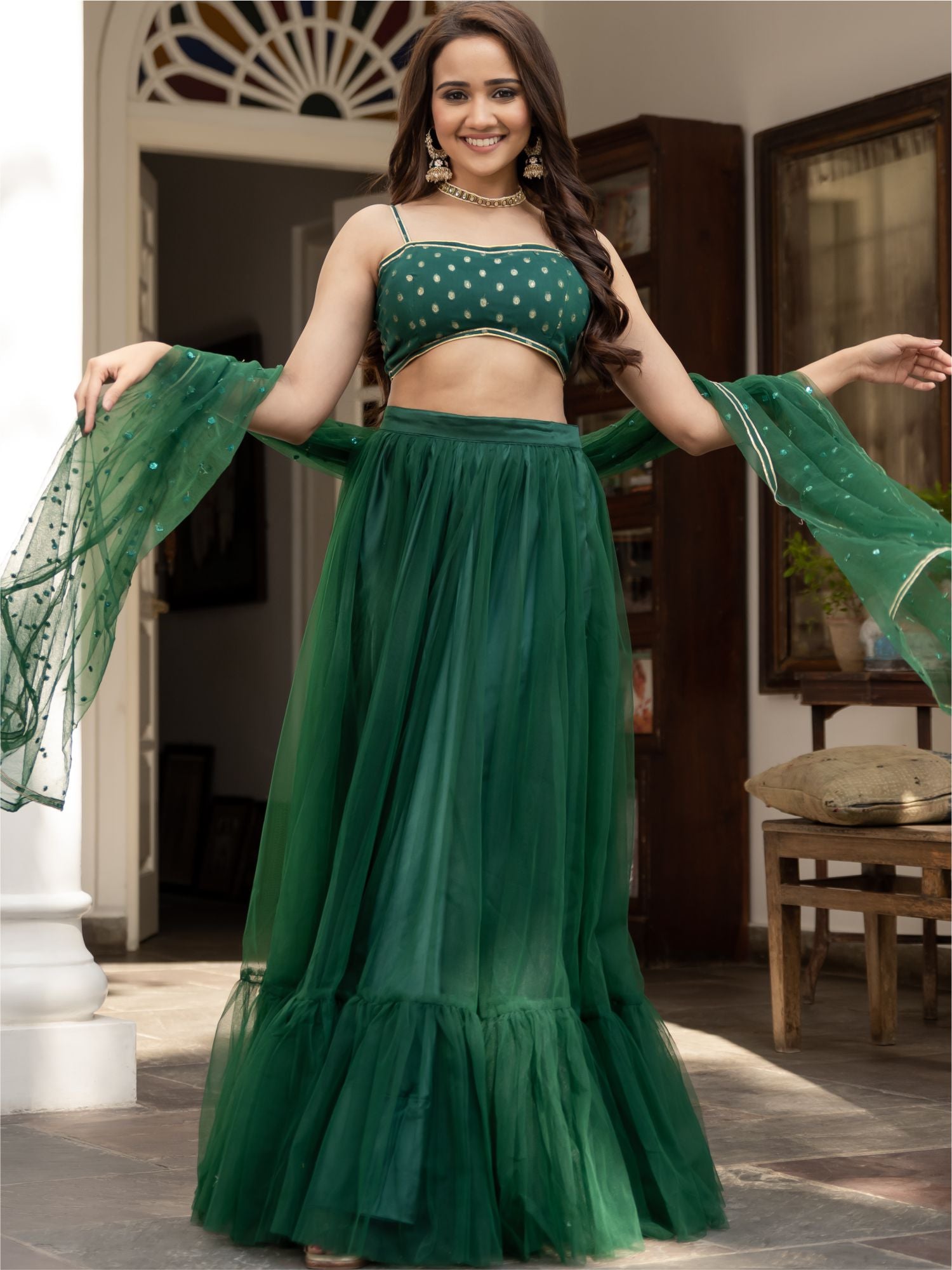 Green Net Lehenga Set