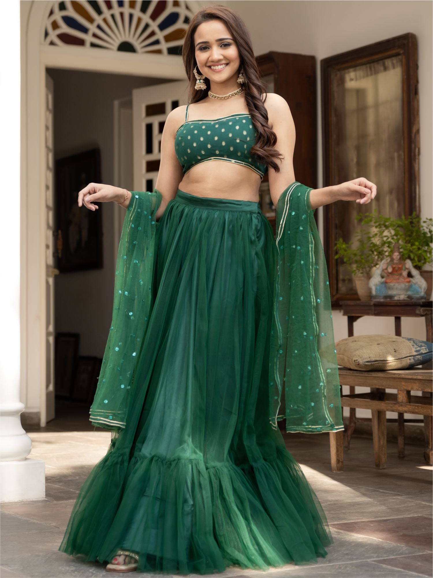 Green Net Lehenga Set