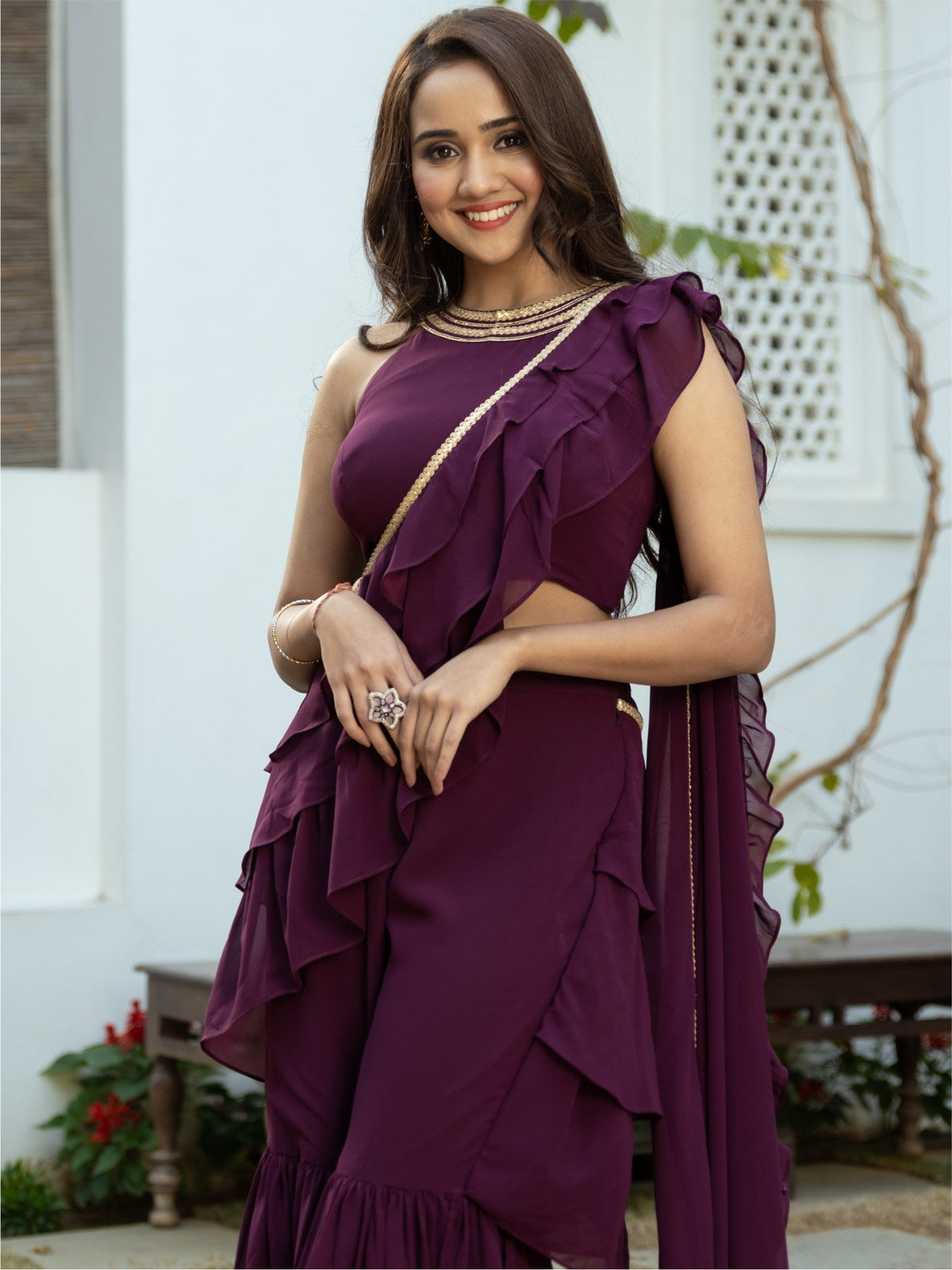 Purple Georgette Sharara Saree