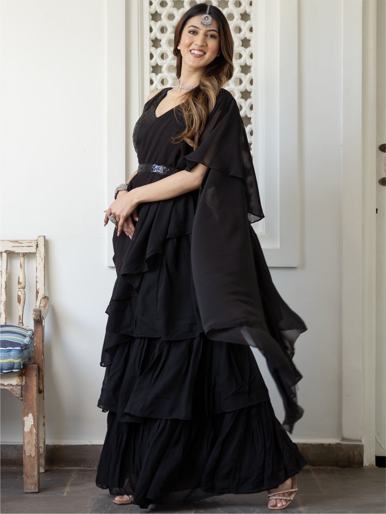 Black Georgette Saree With Stitched Blouse