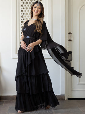 Black Georgette Saree With Stitched Blouse