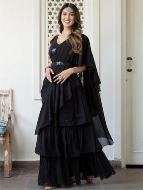 Black Georgette Saree With Stitched Blouse