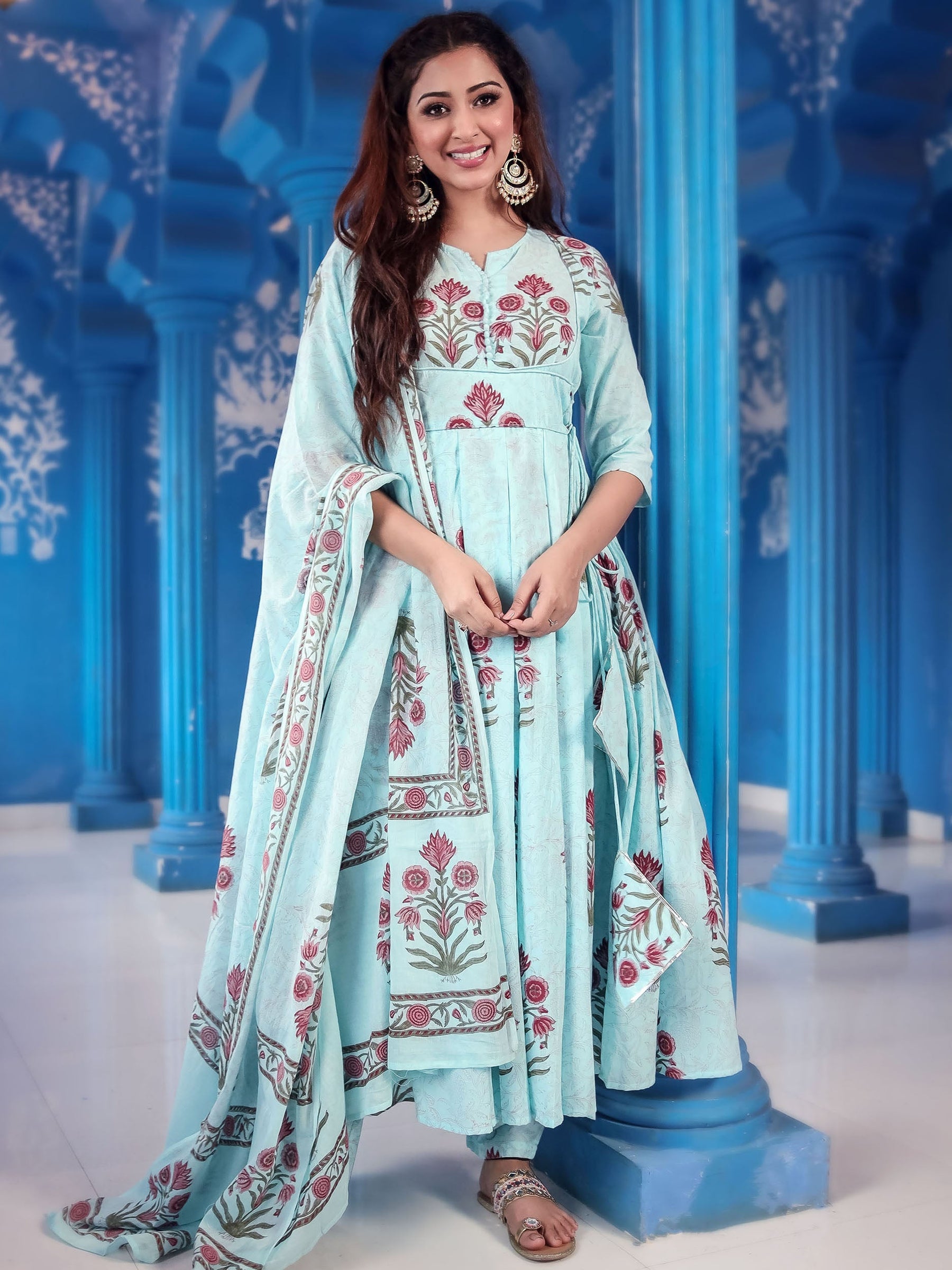 Blue Printed Anarkali Suit Set