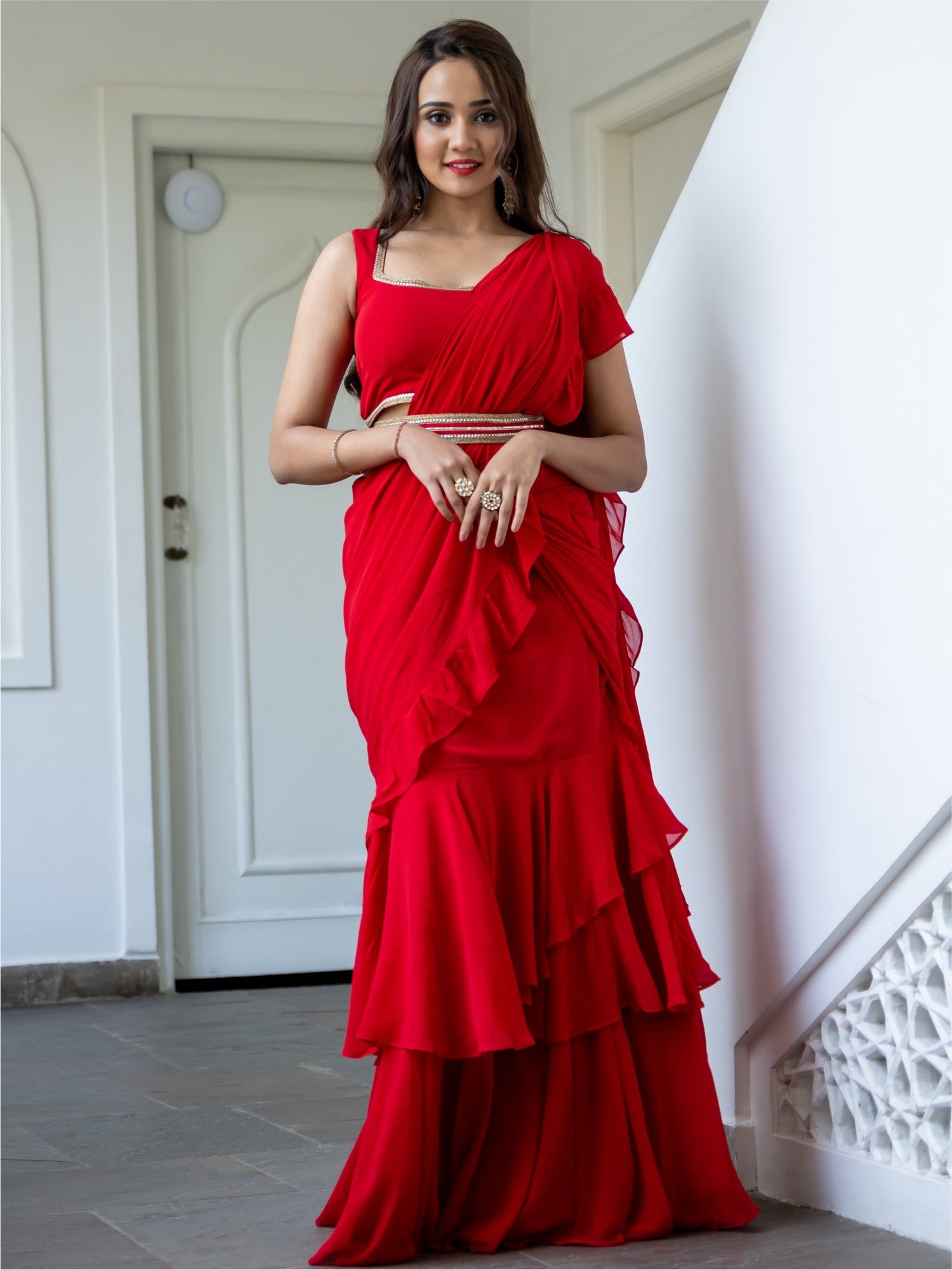 Red Georgette Stitched Saree