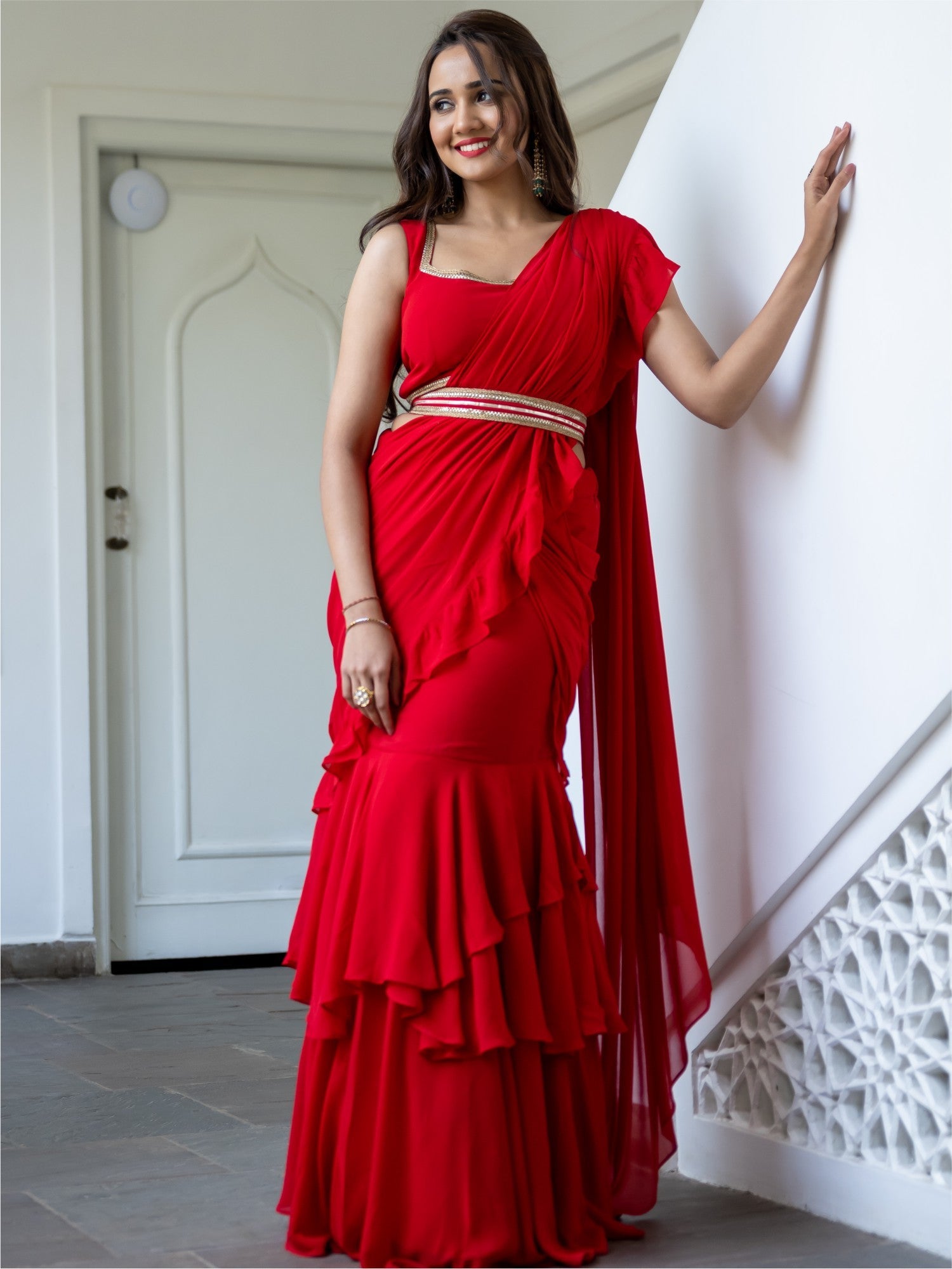 Red Georgette Stitched Saree