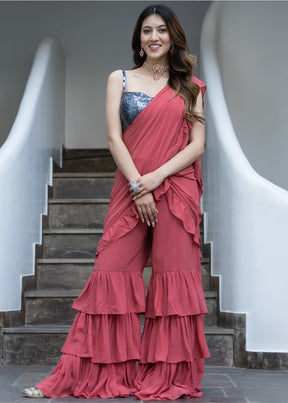 Carrot Pink Georgette Sharara Saree