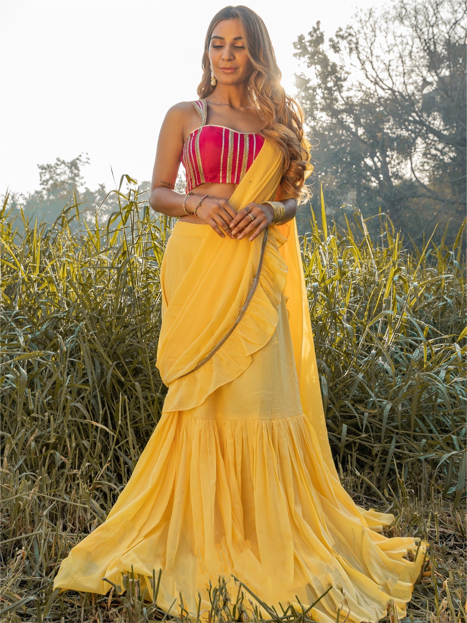 Pale Yellow Georgette Ready Saree