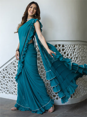 Green Georgette Stitched Saree