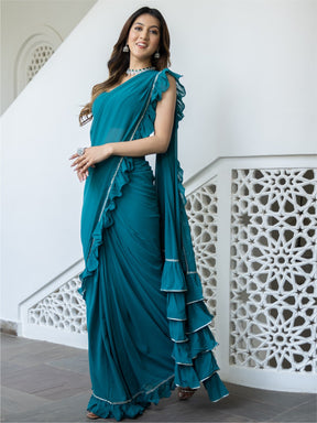 Green Georgette Stitched Saree