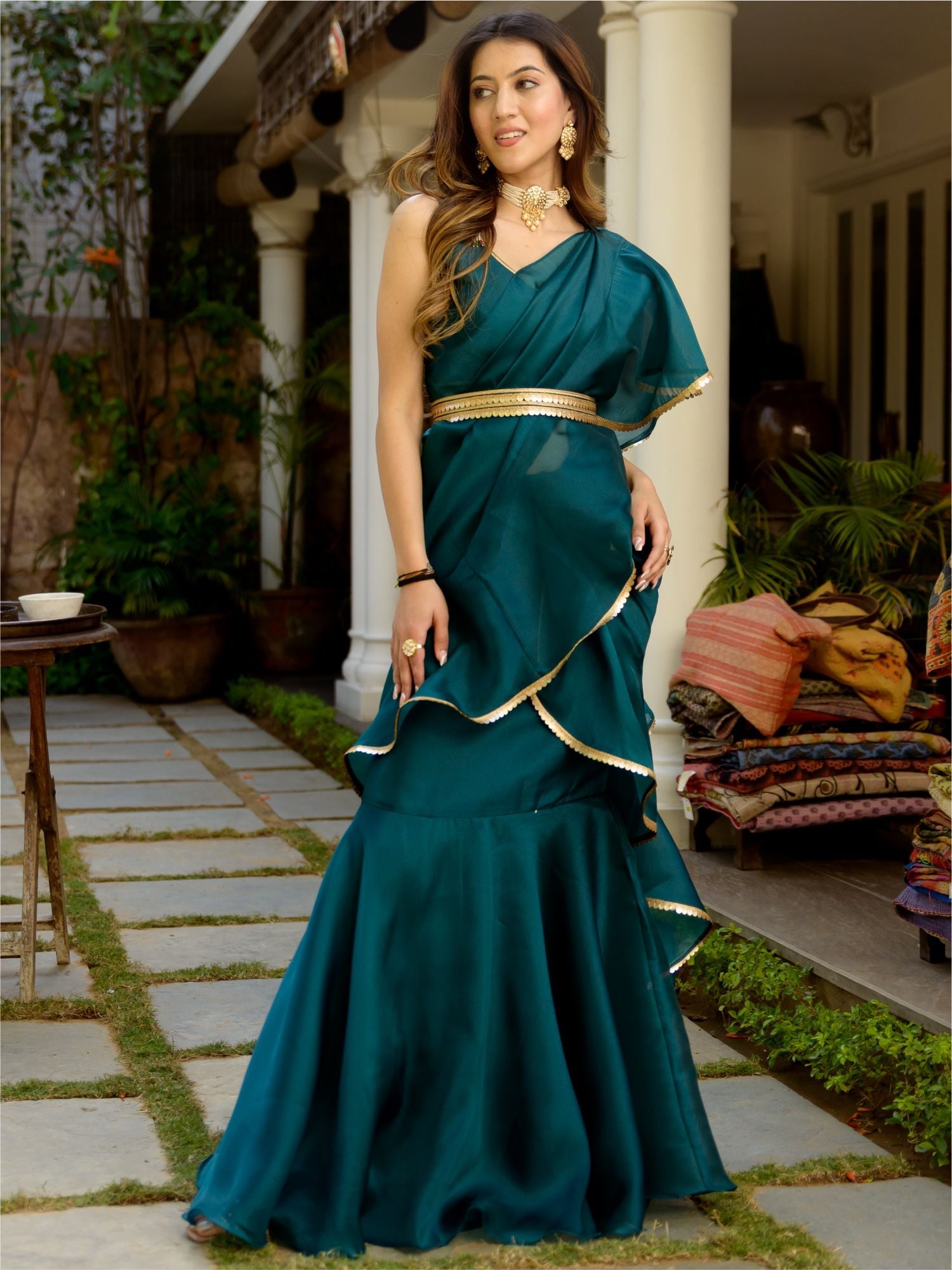 Green Organza Stitched Saree