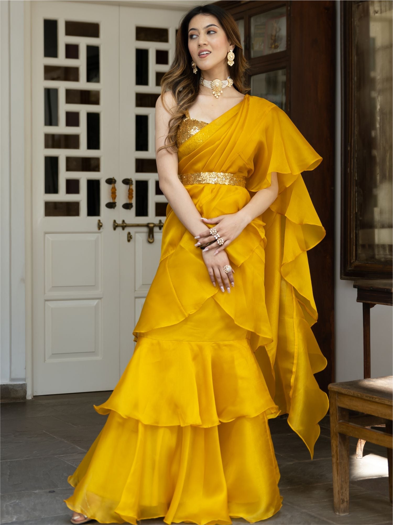 Yellow Sequin Organza Ruffled Saree