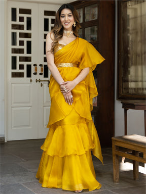 Yellow Sequin Organza Ruffled Saree