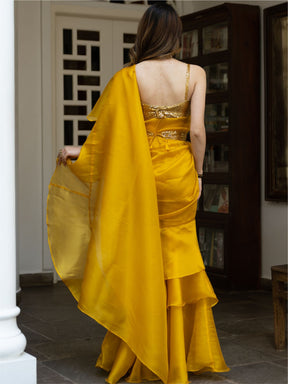 Yellow Sequin Organza Ruffled Saree