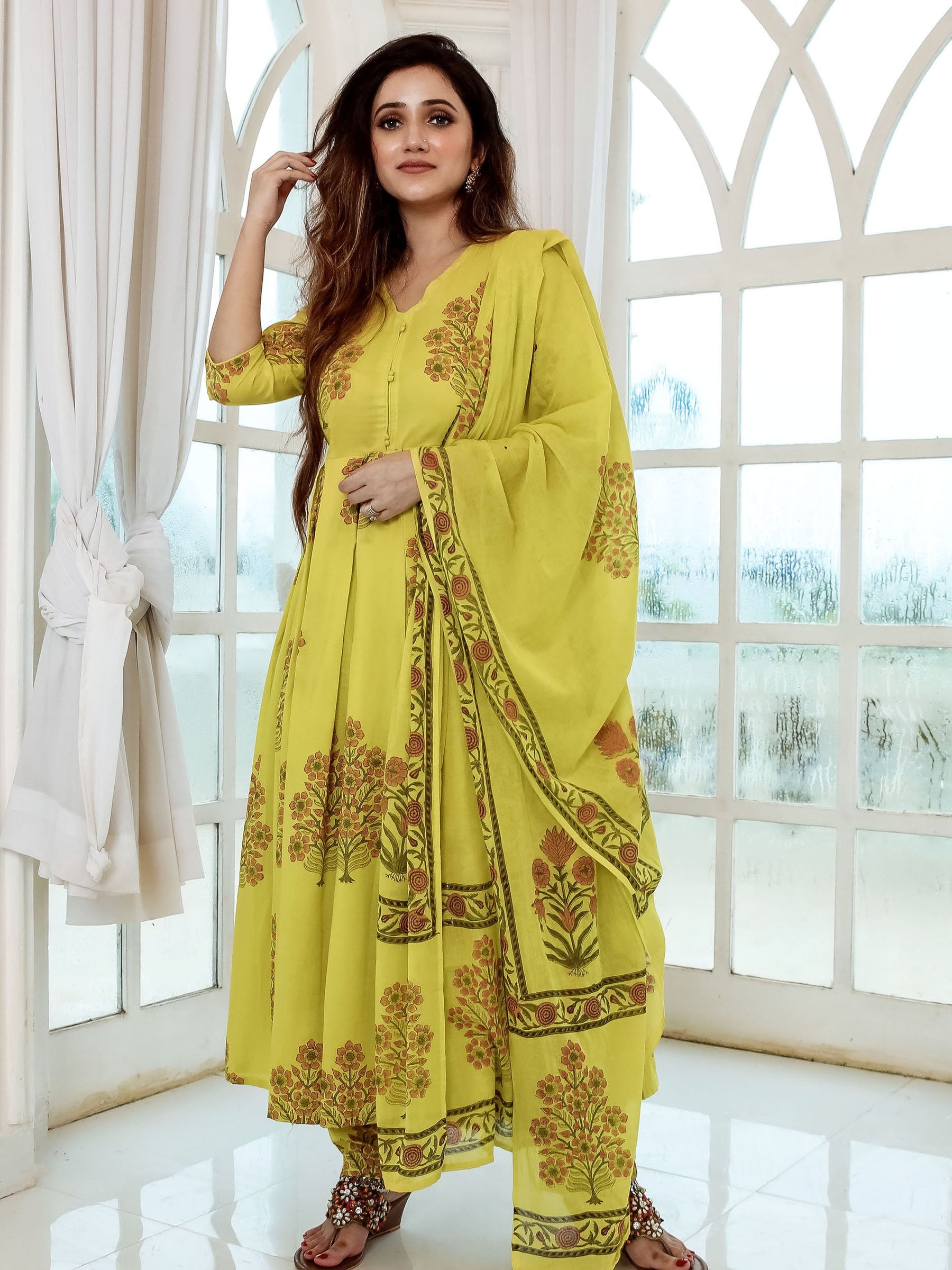 Mustard Green Anarkali Suit Set