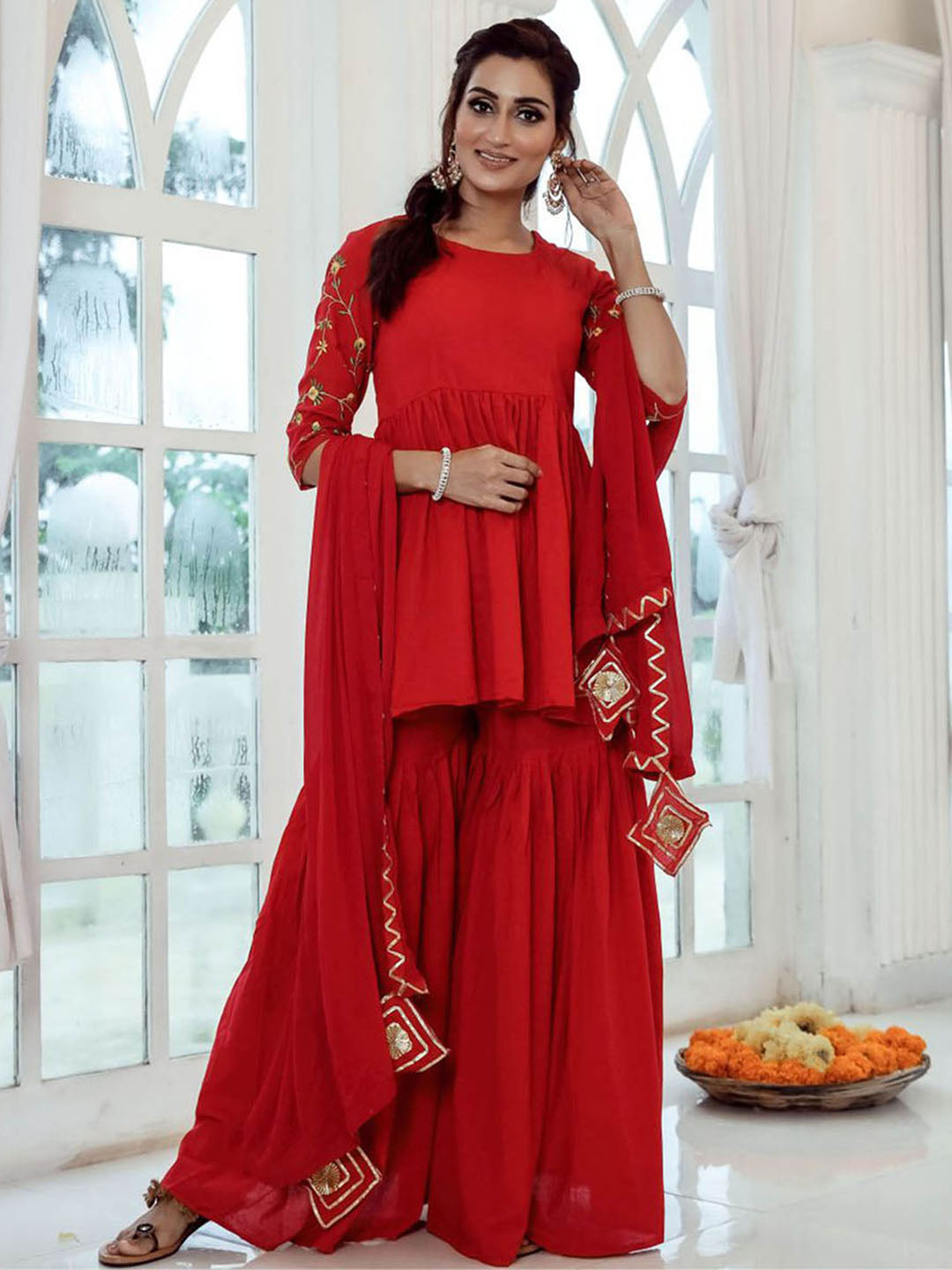 Red Embroidered Sharara  Set