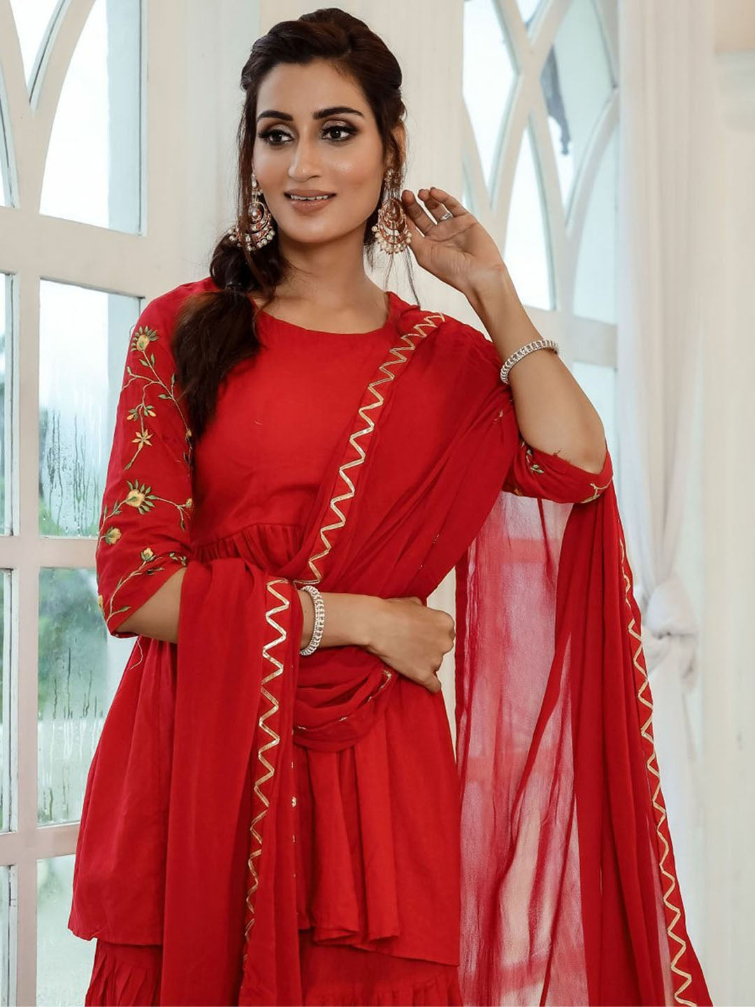 Red Embroidered Sharara  Set