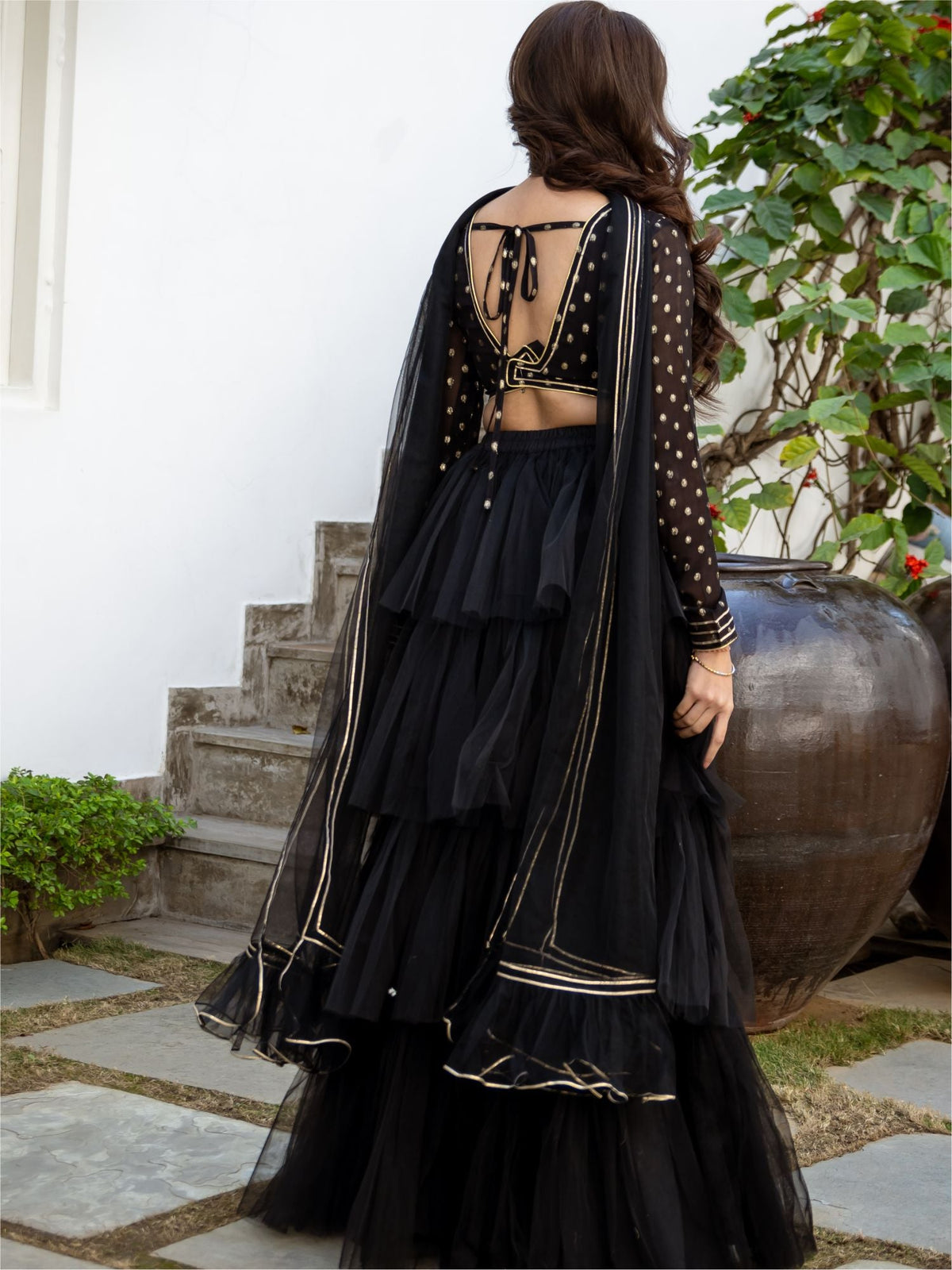 Black Net Tiered Flared Lehenga Set