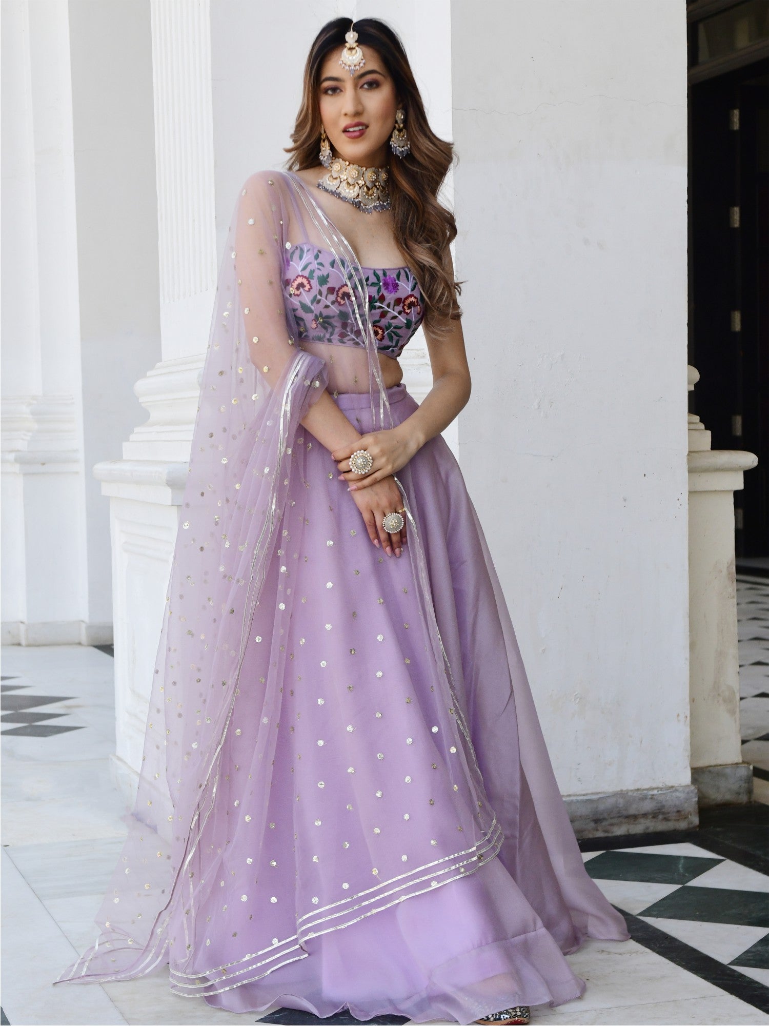 Lilac Embroidered Organza Lehenga Set