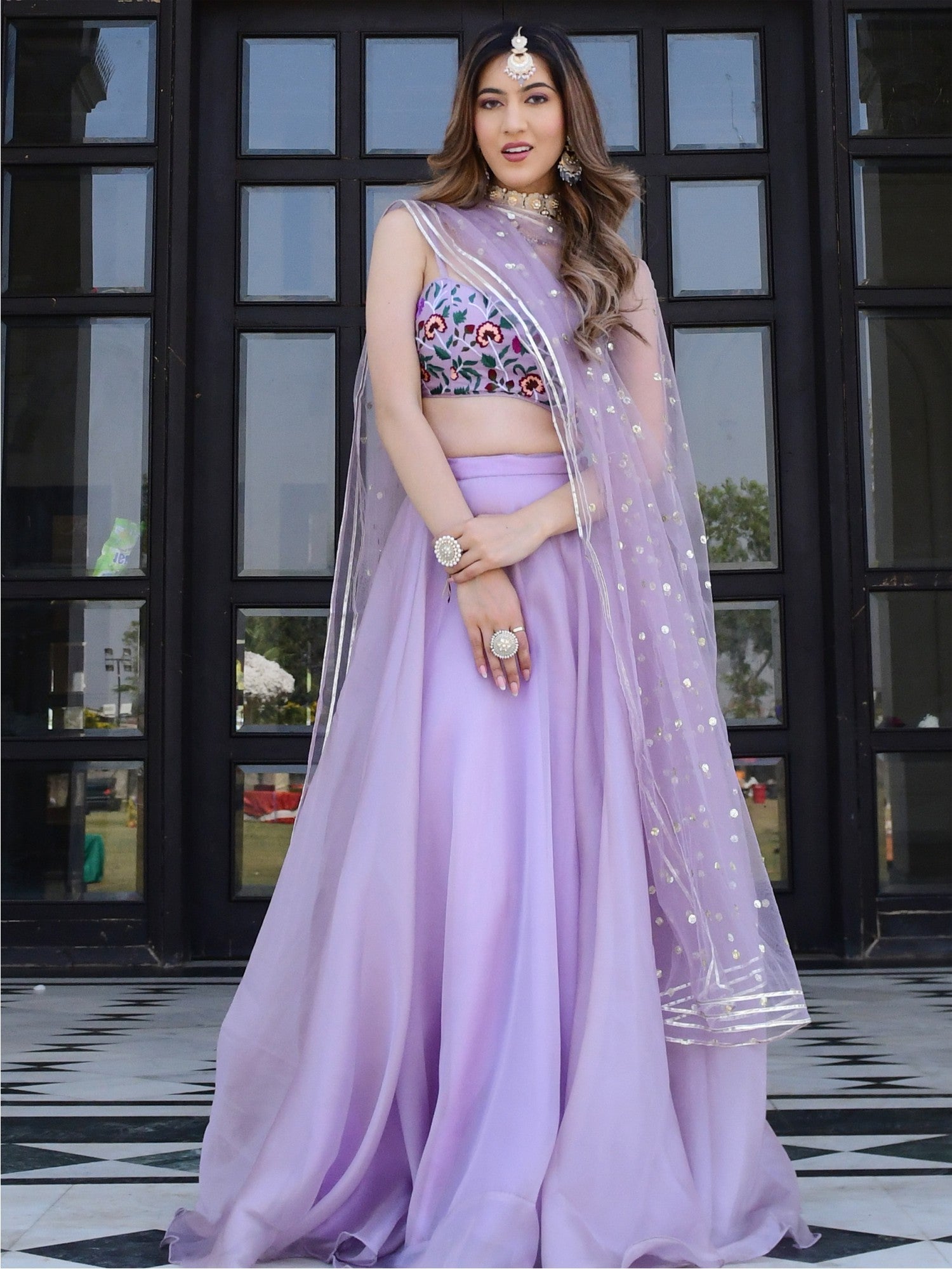 Lilac Embroidered Organza Lehenga Set