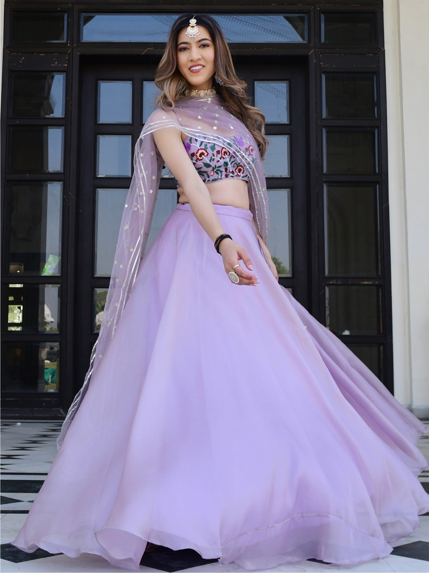 Lilac Embroidered Organza Lehenga Set