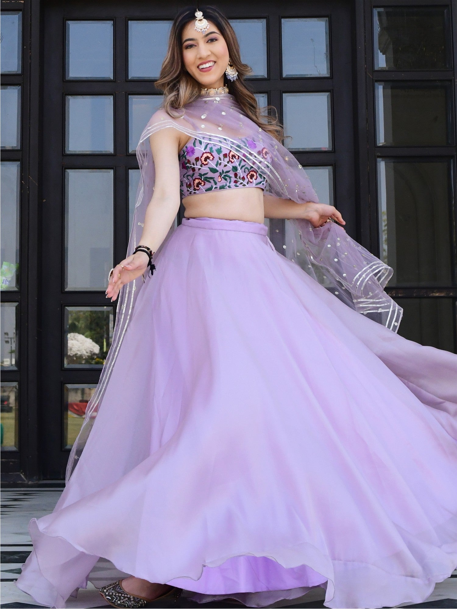 Lilac Embroidered Organza Lehenga Set